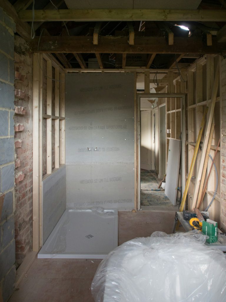 Bathroom stripped to the studs during a remodel